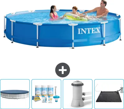 Produktbild von Intex-Schwimmbecken mit rundem Rahmen – 366 x 76 cm – Blau – im Lieferumfang enthalten Abdeckung - Wartungspaket - Filterpumpe für Schwimmbad - Solarmatte