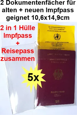 Produktbild von 5x SCHUTZHÜLLE DOKUMENTENHÜLLE 2in1 für Reisepass + Impfausweis alt +  neu KLARSICHTHÜLLE KLARSICHTVERPACKUNG  AUSWEISHÜLLE Impfpasshülle Ausweismappe DIN A6