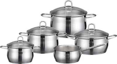 A set of five stainless steel pots with glass lids, arranged in a staggered formation against a white background.
