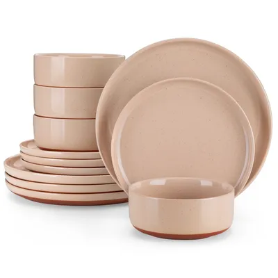 Produktbild von Tafelservice aus Steingut, 12-teiliges Kombiservice, Geschirrset für 4 Personen, Speiseteller, Dessertteller und Schalen, Pink