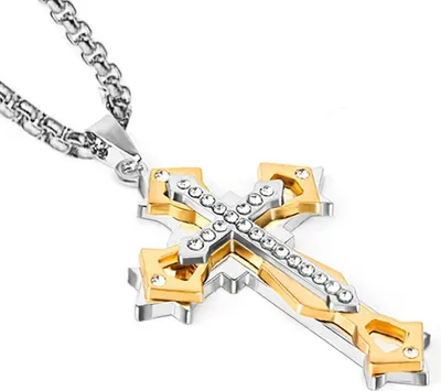 Image de Collier homme pendentif croix zircon en acier inoxydable longueur 60CM or/noir/bleu