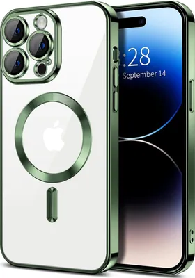 Obrázek produktu pro Magnetické čiré pouzdro pro iPhone 14 Pro Max, kompatibilní s MagSafe, galvanicky pokovené ochranné pouzdro s ochranou fotoaparátu tmavě zelená