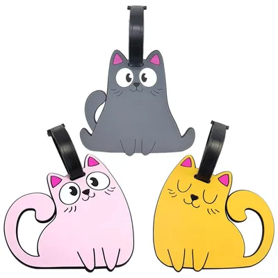 Image de Étiquettes de bagages en forme de chat, lot de 3, en PVC, avec porte-nom, dimensions 10 x 8,5 cm
