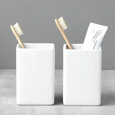 Produktbild von Zahnputzbecher Keramik Set Weiß 2 Stück Quadratisch Badezimmer Organizer
