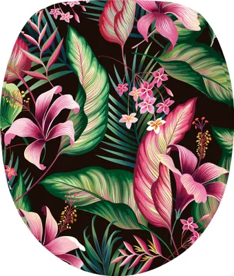 A close-up view of a toilet seat cover with a tropical floral pattern.