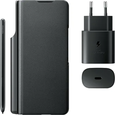 A product shot of a phone case, stylus, and charger on a white background.