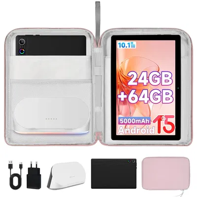 Productafbeelding van JENBIZZ Tablet, 10 inch, Android, Octa-Core, 14 GB RAM + 64 GB opslag, WiFi 6, inclusief transporttas, speakerdock en AI-cloudalbum