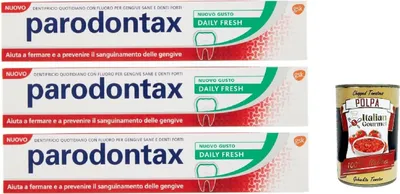 Produktbild von Dentifricio Daily Fresh, Zahnpasta für gesundes Zahnfleisch und starke Zähne, 3x 75ml + Italian Gourmet polpa 400g