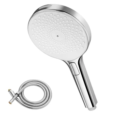 Produktbild von Auralum Duschkopf mit Schlauch, groß 140 mm, mit 4 Strahlarten, mit 1,5 m Brauseschlauch, Wasserspar- und Antikalkfunktion(Runden Chrom)
