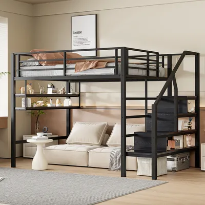 Productafbeelding van AIORBER hoogslaper, 140x200 cm, stevig ijzeren frame, uitvoering met planken, inclusief veiligheidsladder, kinderbed, zwart (zonder matras)