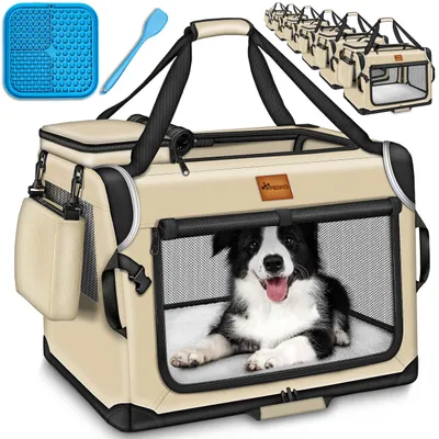 Obrázok produktu pre TRESKO® prepravka pre psov skladacia béžová (XXXL 102x69x69cm) vrátane podložky na lízanie, lopatky a odrážadiel | prepravný box pre psy a mačky | prepravný box pre malé a veľké psy | robustná taška pre psa