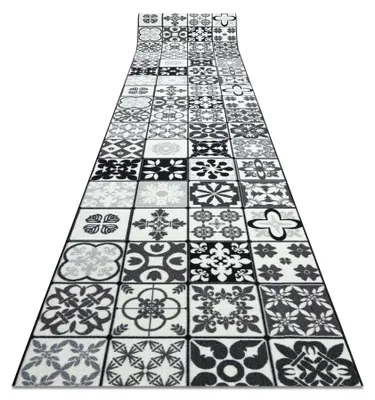 Image de TAPIS DE COULOIR antidérapant AZULEJO PATCHWORK, CARREAUX DE LISBONNE gris / noir gris 80x300 cm