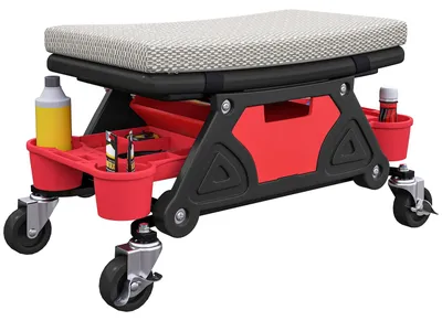 Produktbild von Werkstatthocker Rollen 35 cm Schaumstoffpolsterung 3 cm 4 Gummirollen 10 cm 1 Schublade 2 Ablagen Kunststoff bis 135 kg Grau 64,5 x 33 x 35 cm