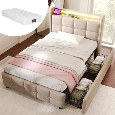 Produktbild von Odikalo Polsterbett 90x200cm  mit USB Kopfteil / LED/ 2 Schubladen,Einzelbett Stauraumbetten Bettgestell, Lattenrost aus Holz, Beige (Mit Matratze)
