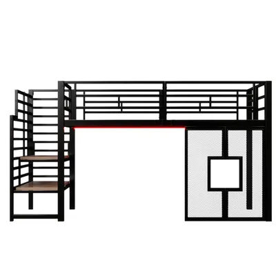 Produktbild von Merax Etagenbett Hochbett 90x200, mit Treppe, Stauraum, LED, Fensterdesign, Kinderbett, Stockbett, Eisenbett, Jugendbett, Schwarz