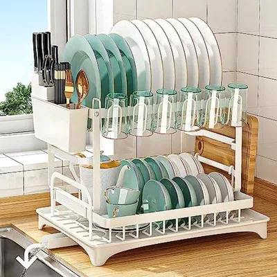 Obrázek produktu pro Dvoupatrový odkapávač na nádobí s držákem na příbory a odkládací deskou