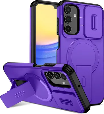 Obrázek produktu pro Magnetické pouzdro pro Samsung Galaxy A15 5G/4G, dvouvrstvé odolné pouzdro s posuvnou ochranou fotoaparátu a nastavitelným stojánkem Fialová