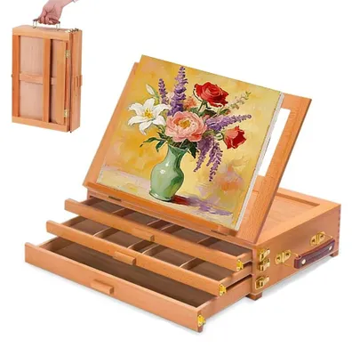 Immagine prodotto di Cavalletto da tavolo in legno con contenitore portaoggetti - Tavolo da disegno regolabile per pittura e disegno