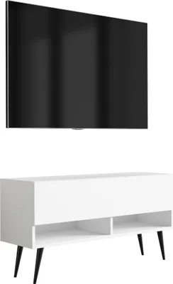 Produktbild von TV-Lowboard 100 cm Mattweiß, schwarze schräge Beine, 100 × 32 × 52 cm