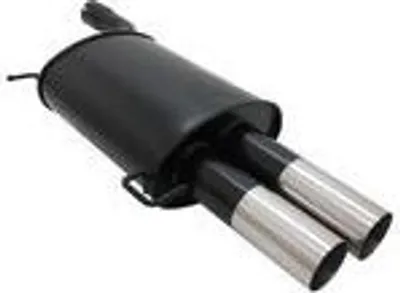 A black exhaust muffler with two silver tailpipes, isolated on a white background.