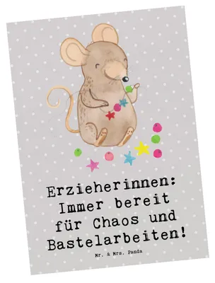 Produktbild von Mr. & Mrs. Panda Grußkarte Erzieherin Chaos - Grau Pastell - Geschenk, einzelkarte, Fotokarte, Ansichtskarten, Postkarte, Fürsorge, Liebe, kreative Geschenke, Postkarten