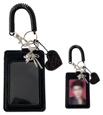 Productafbeelding van Fotokaartentas K-Pop, lederen K-Pop fotokaartentas met sleutelhanger, zwart, 7,6 cm (3 inch), geschikt voor creditcards, identiteitskaarten, betaalkaarten, studentenkaarten, sleutelhanger en identiteitskaarthouder
