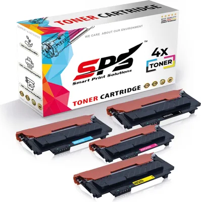 A product shot of a box of toner cartridges and four individual toner cartridges.