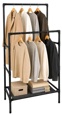 Produktbild von Relaxdays Kleiderständer, 2 Stangen mit Ablage, Stecksystem, HBT: 157 x 85 x 46 cm, Metall & Stoff, Garderobe, schwarz