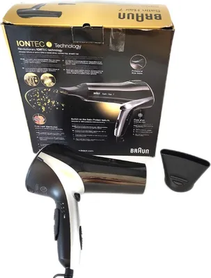 A hairdryer and its packaging are shown against a white background.