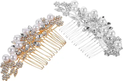 Produktbild von 2 Stück Strass-Haarkämme für die Braut mit Kristallen, Perlen und Blumen, silberner und goldener Kamm mit seitlichen Haarclips für Duttfrisuren