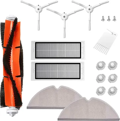 A collection of cleaning accessories for a robot vacuum cleaner, including brushes, filters, and mop pads, laid out on a white background.