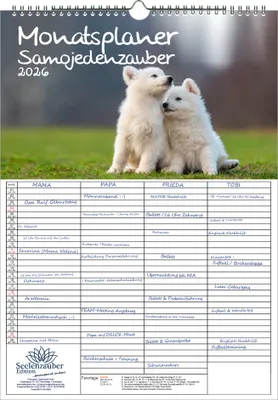 Produktbild von Samojedenzauber Planer Familienplaner 4 Spaltenplaner DIN A3 Kalender für 2026 Welpen und Hunde - Seelenzauber