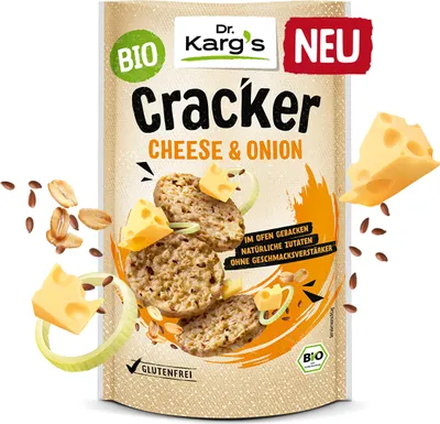 Produktbild Dr. Kargs Bio Cheese und Onion Cracker herzhaft würzig knusprig 85g