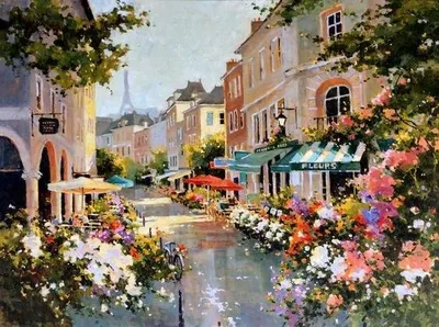 Produktbild von Malen nach Zahlen: Pariser Straße mit Blumen, farbenfroh, 40x50 cm, auf Leinwand, bereits auf Keilrahmen gespannt