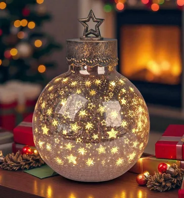 Produktbild von LED Deko-Kugel 30 cm Sterne Rose-Gold Glaskugel Timer 6h/18h beleuchtet - Batteriebetrieben