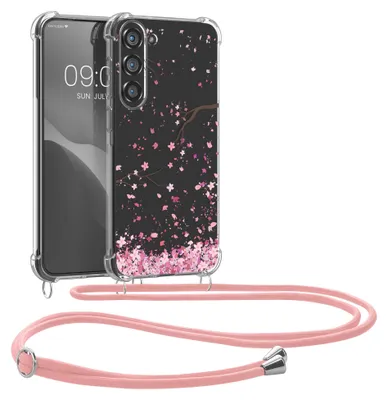 Produktbild von kwmobile Necklace Case kompatibel mit Samsung Galaxy S23 Plus Hülle - Silikon Cover mit Handykette - Rosa Dunkelbraun Transparent Kirschblütenblätter