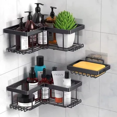 Produktbild von Duschehalter 3er Set, selbstklebend, ohne Bohren, Badkammerhalter, Seifenschiene, schwarze Dusche-Organizer-Accessoires