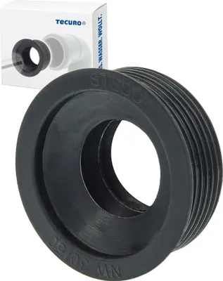 A black rubber gasket is shown in close-up against a white background, with a product box in the upper left corner.
