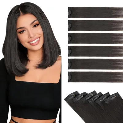 Obrázek produktu pro Clip-in prodlužovací vlasy, přírodní vlasy, 6 kusů, technika balayage, rovné, barva #1B, přírodní černá, délka 25 cm