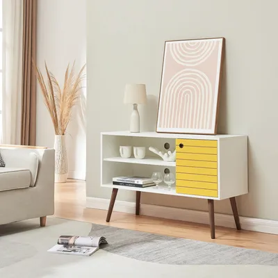 Zdjęcie produktu dla Szafka pod TV 'Vare' lowboard 100 x 40 x 66 cm z 1 drzwiczkami i 2 otwartymi przegrodami biały/żółty