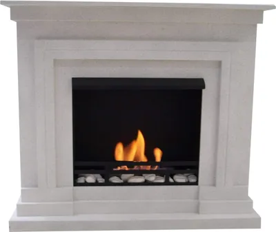 A white fireplace with a black insert and visible flames.