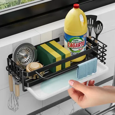 Produktbild von Wandmontierter Küchenorganizer, Organizer mit Abtropffläche/Trockner, Hängeorganizer für Küche und Bad, Schwammhalter, Geschirrtuchhalter, kleines Regal für die Spüle