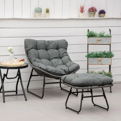 Produktbild von Rattan Relaxsessel mit Fußhocker und dicken Kissen, Outdoor, Polyrattan, 69x76x70 cm, Grau