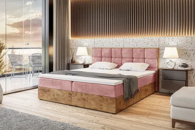 Produktbild von MEBLINI Boxspringbett mit Bettkasten - Gepolstert Doppelbett mit Matratze und Topper - Polsterbett mit Stauraum - Bett mit Kopfteil - Stauraumbett - LOFTY 1 - 200x200 - H3/Rosa Samt