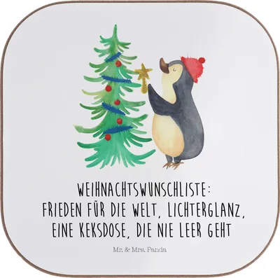 Produktbild von Mr. & Mrs. Panda Tischuntersetzer Pinguin Weihnachtsbaum - Weiß - Geschenk, gläseruntersetzer, Untersetzer für Gläser, Weihnachten, Coaster, bieruntersetzer, Tassen