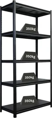 Produktbild von Schwerlastregal Thorin | HxBxT 180x90x40cm | 5 Stahlplatten-Ebenen | Fachlast 350 kg | Schwarz