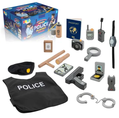 Produktbild von Joya Creative Holzeinsatz Polizei-Set, 17-teilig –Polizeikoffer mit Zubehör für Rollenspiele