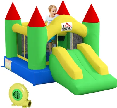 Produktbild von HOMCOM Nafukovací skákací hrad s nafukovačem, dětský skákací hrad, hrací hrad se skluzavkou, trampolína, bezpečnostní síť, pro děti od 3 do 10 let, Oxford, 300 x 1