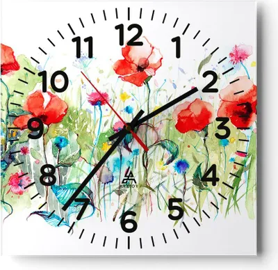Produktbild von Wanduhr - Quadrat - Glasuhr - Blumen Wiese Blatt Natur - 30x30cm - Schleichendes Uhrwerk - Lautlos - zum Aufhängen bereit - Dekoration Modern - Wanddekoration aus Glas - C4AC30x30-3076