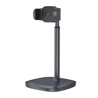 A dark gray adjustable phone stand with a square base and a telescopic arm.